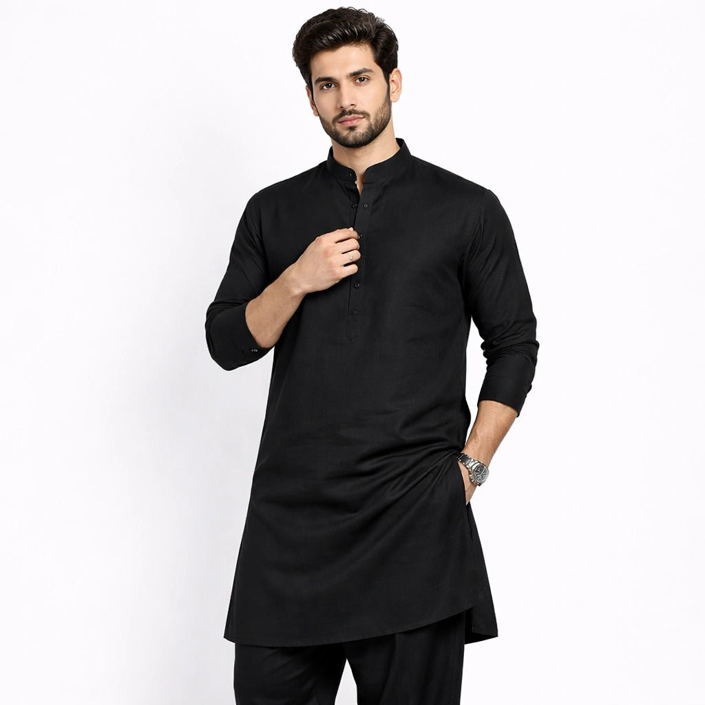 Men’s Unstitched Cotton Suit - Black - Khanzaday