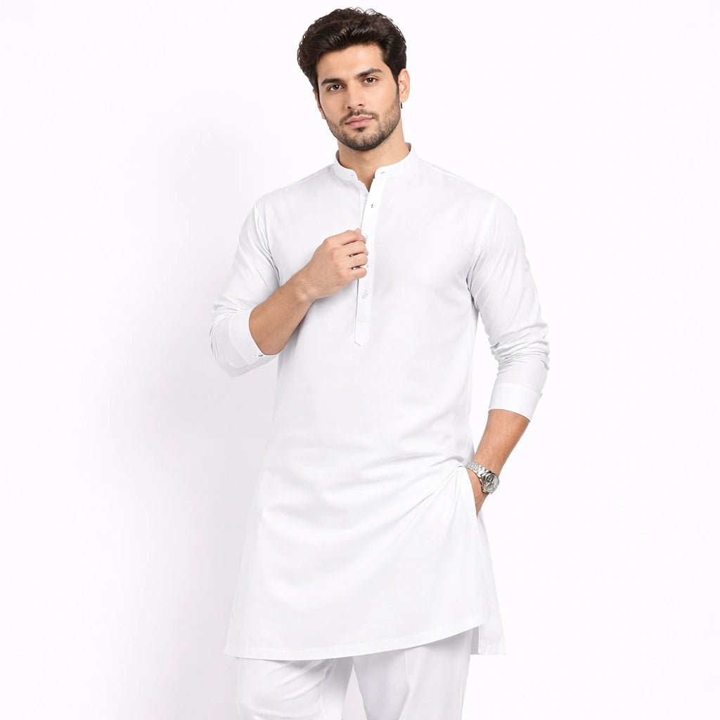 Men’s Unstitched Cotton Suit - White - Khanzaday